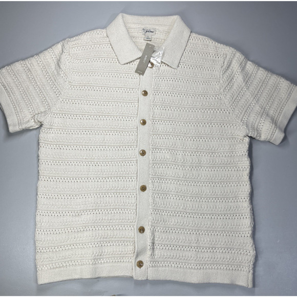 J Crew Short Sleeve Cotton Open Stitch Polo Cardigan Sweater Mens Large Ivory - Picture 1 of 7